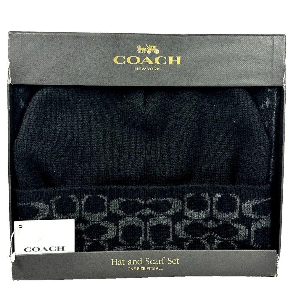 Coach New York Hat Scarf Set Signature C Knit Beanie Gift Box NWT